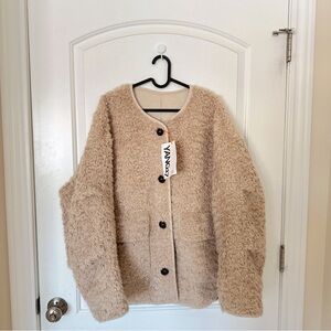 YANG Li | Oversized Teddy Sherpa Coat Beige Plush Fleece Jacket Sz M